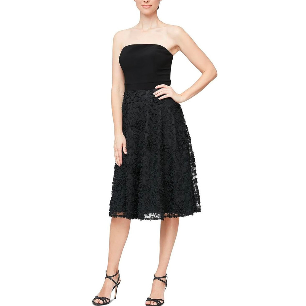 Alex & Eve Womens Strapless Midi Cocktail and Party Dress Rosette skirt  sz 10